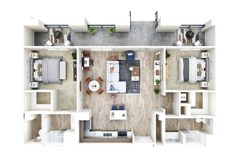 Floor plan for 2 beds, 2 baths, 1259 sqft